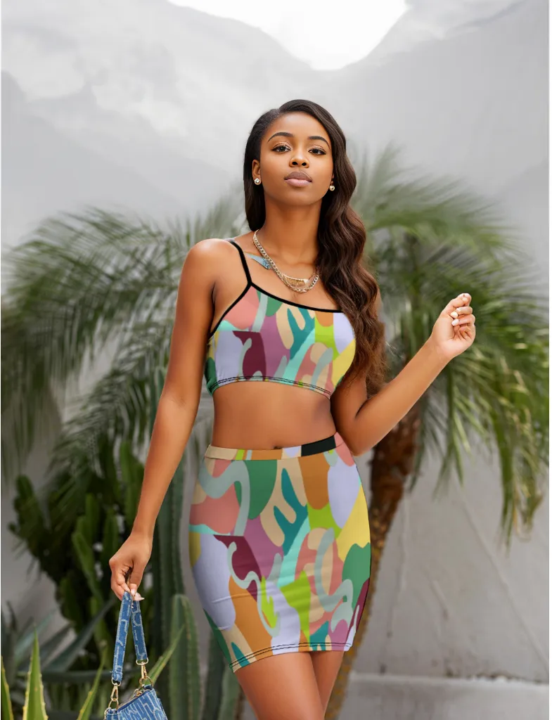 Abstract Wild Women's Sleeveless Top and Short Skirt Set